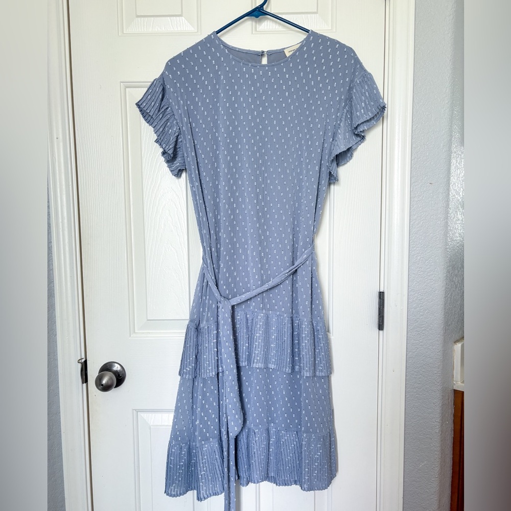 Dusty Blue Ruffle Sleeve Tiered Dress